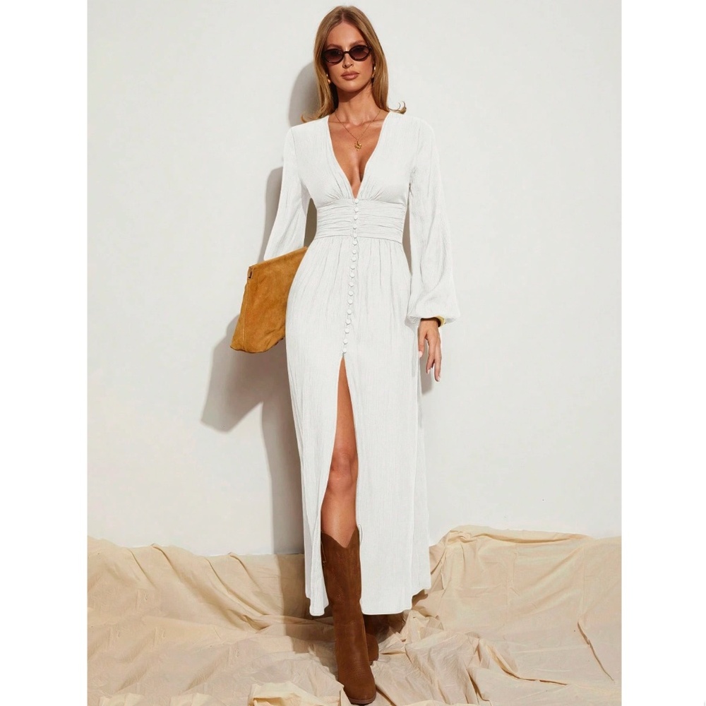 White Bohemian Long Flared Dress V-Neck Faux Buttons Long Sleeve - Picture 4 of 9